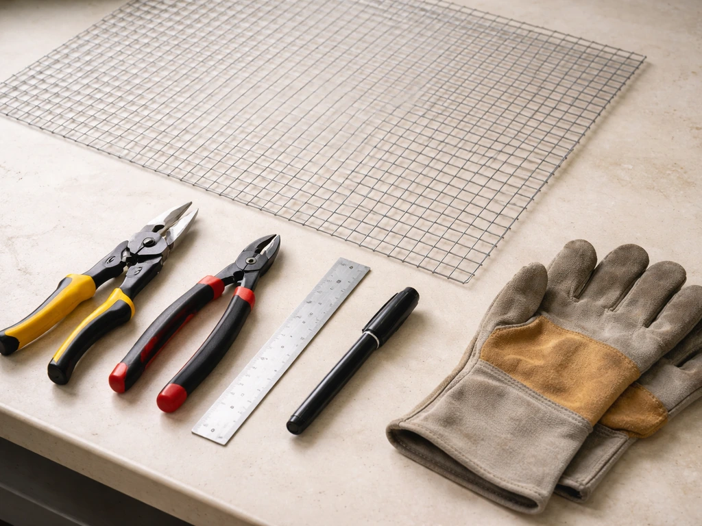 Stainless welded mesh, tin snips, steel ruler, marker, and gloves laid out on a clean workbench
