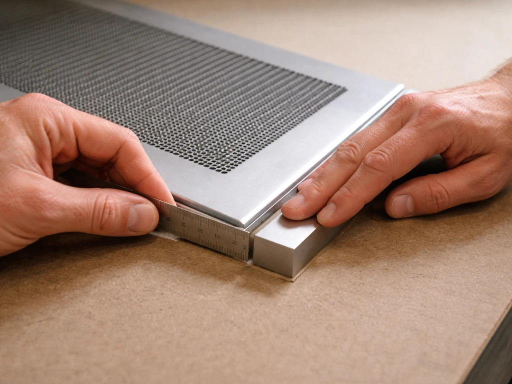 Technician measuring panel spacing with a ruler and checking edge gaps using fingers, including corners.