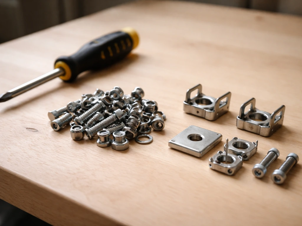 Phillips screwdriver, bolts/screws, and cage connection pieces laid out on a simple workbench
