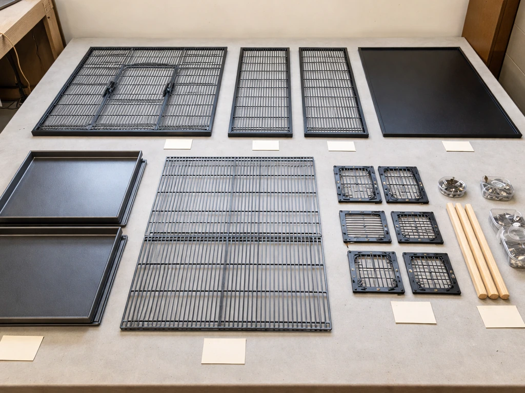 MCage Model 10023 parts neatly spread in separate labeled groups on a clean worktable