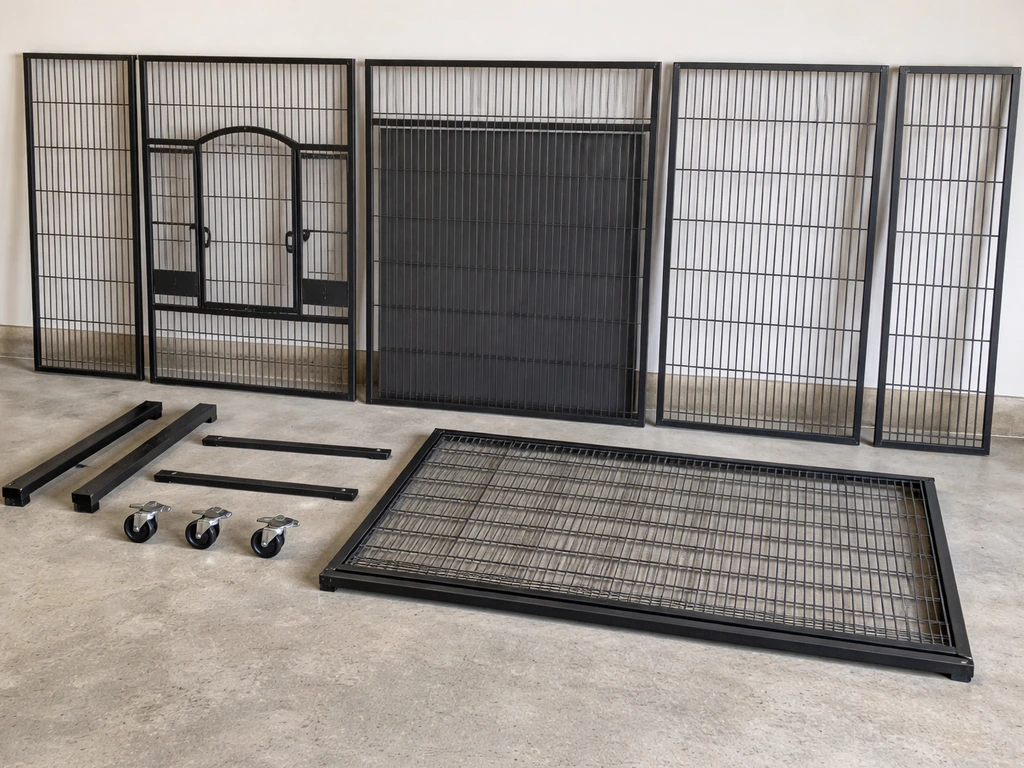 Staged wrought-iron cage panels and rolling stand parts with lockable wheels on a clean workshop floor.