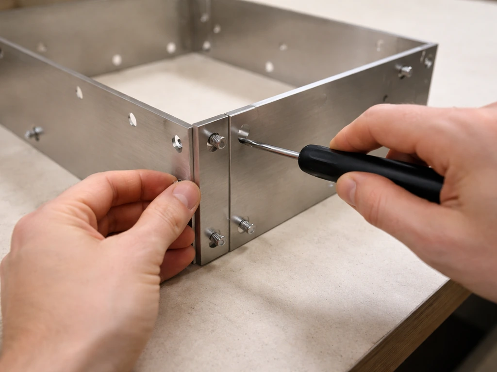 Person aligning metal cage frame panels and tightening bolts loosely on a workbench