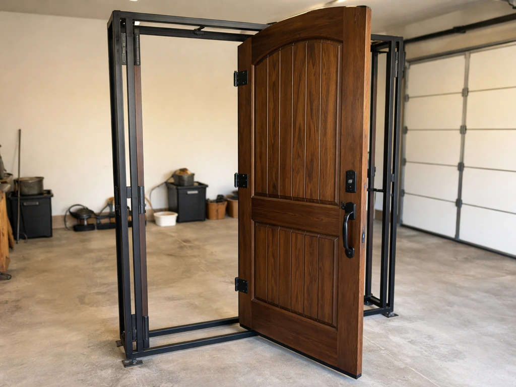 Front door being mounted on hinge pins, latch aligned, door held partially open in a workshop.