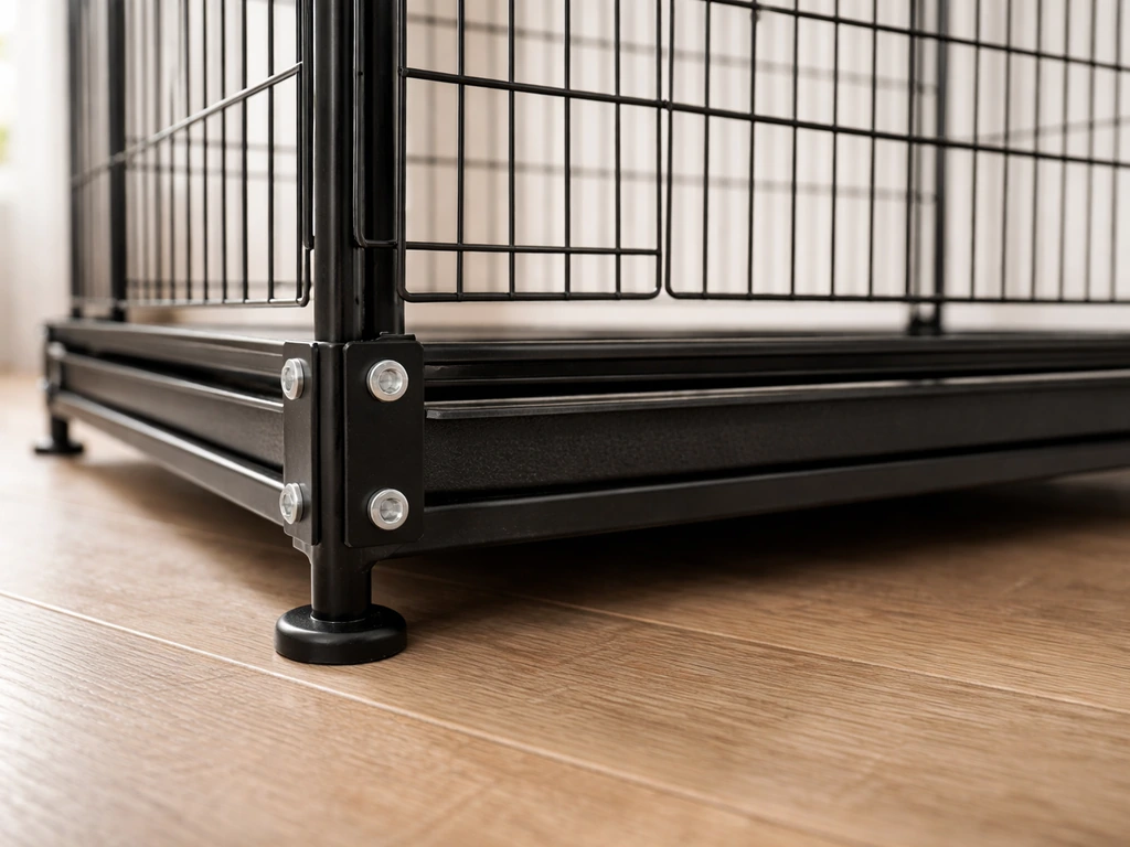 Close view of a newly assembled cage base and stand showing secure joints and stability after a gentle test.