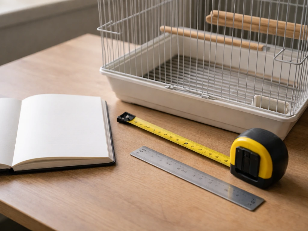 Tape measure and notebook beside an empty bird cage on a tabletop, staged for measuring.