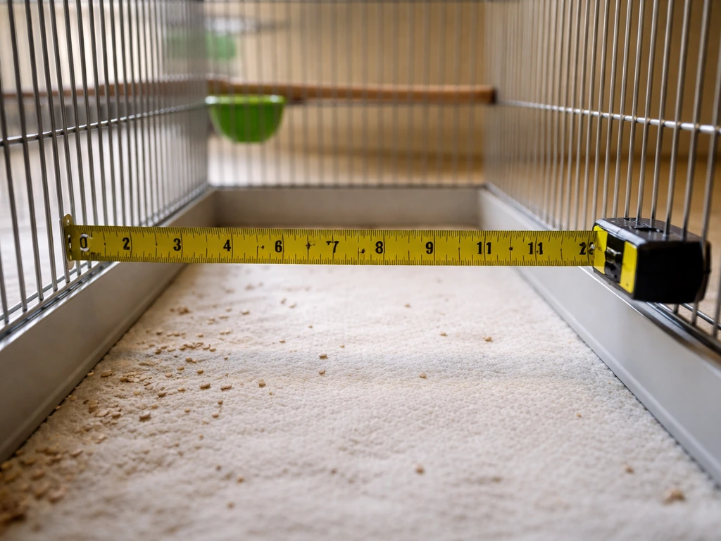 Tape measure extended inside a bird cage, showing interior wall-to-wall width measurement.