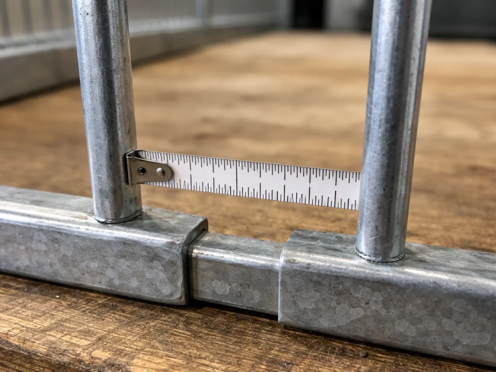 Close-up of a tape measure spanning the clear gap between two cage bars for bar spacing.