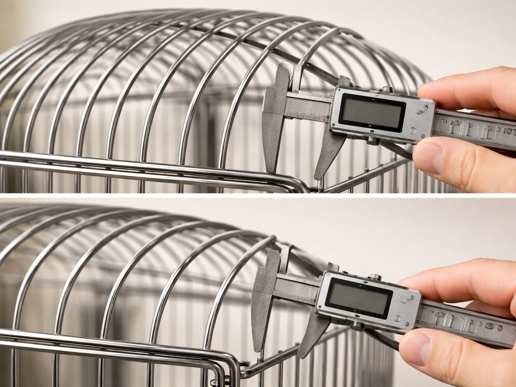 Close-up of a dome-top metal cage bar pattern with a caliper measuring spacing at multiple points