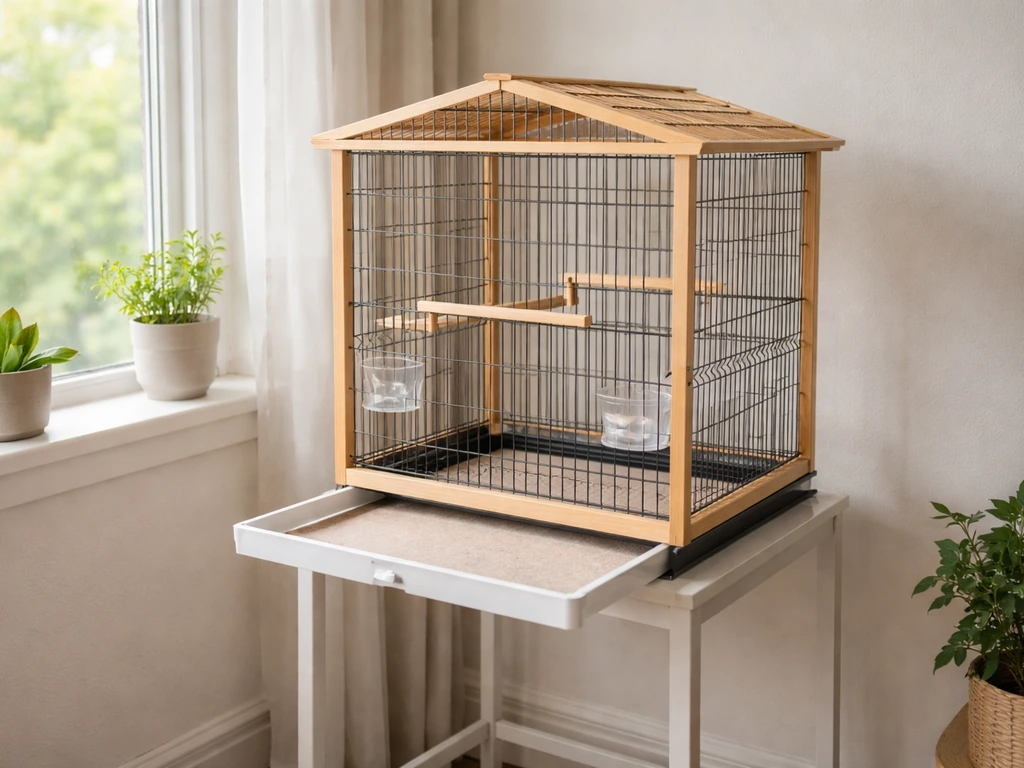Finished DIY canary bird cage on a stand with front door, perches, wire mesh, and slide-out bottom tray.
