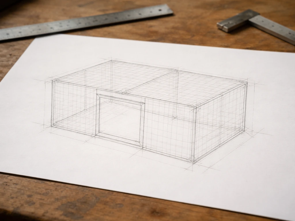 Penciled paper sketch of a wire cage layout with marked panel dimensions and an access door outline