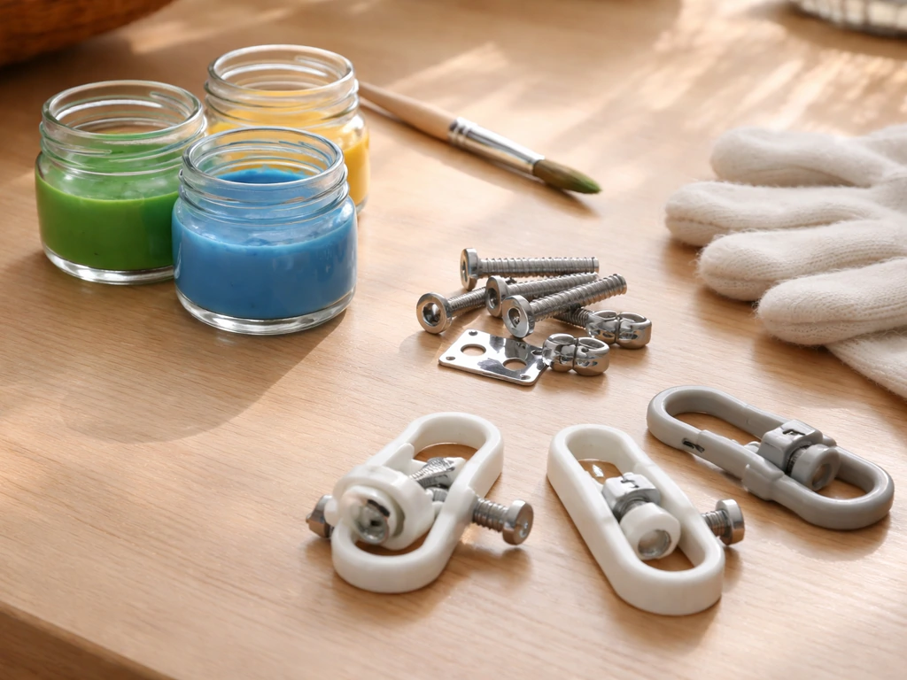 Close-up of pet-safe materials: labeled jars of non-toxic acrylic paint, stainless hardware, and chew-safe clips on a wo