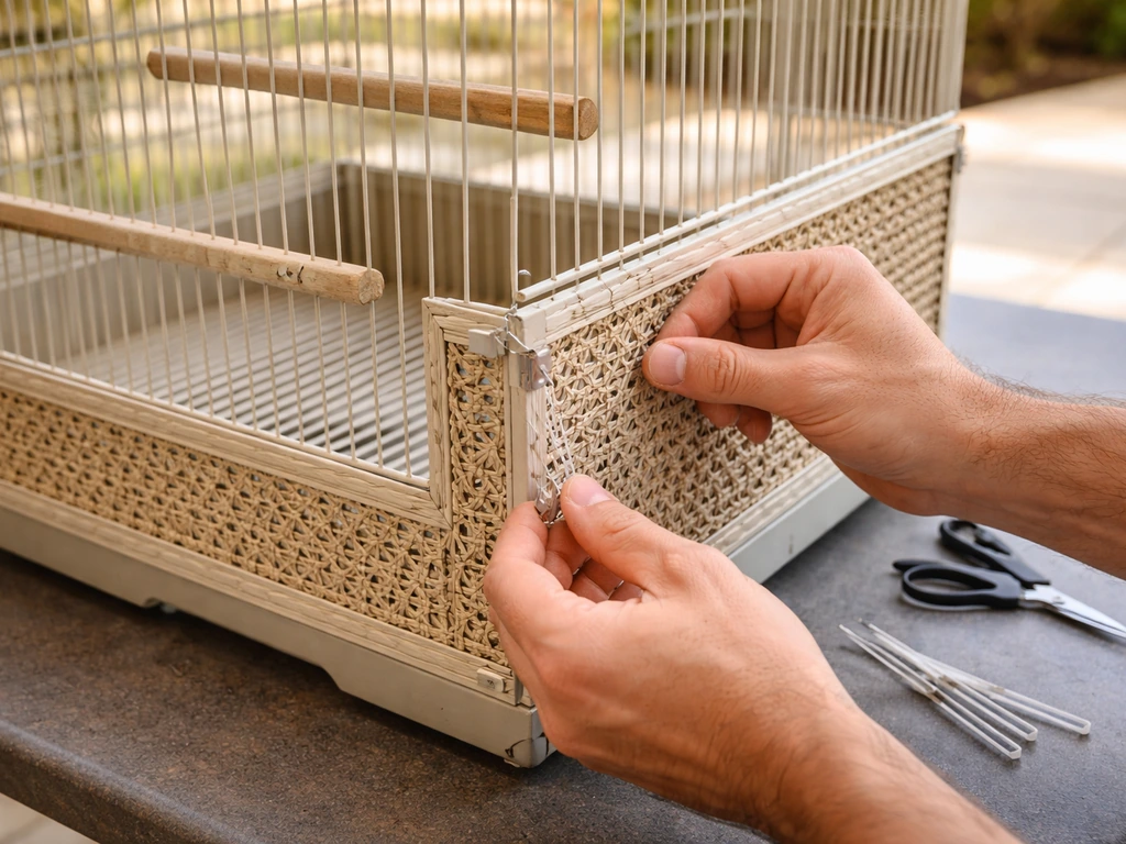 Close-up of hands fastening stainless clips and zip ties to decorative panels on an empty bird cage.