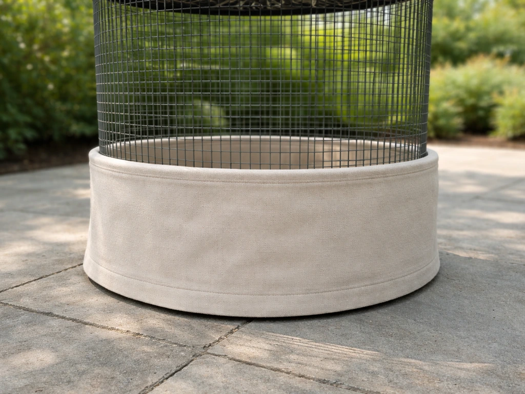 A neatly hemmed fabric base wrap covers a metal wire patio cage, leaving clearance for cleaning.