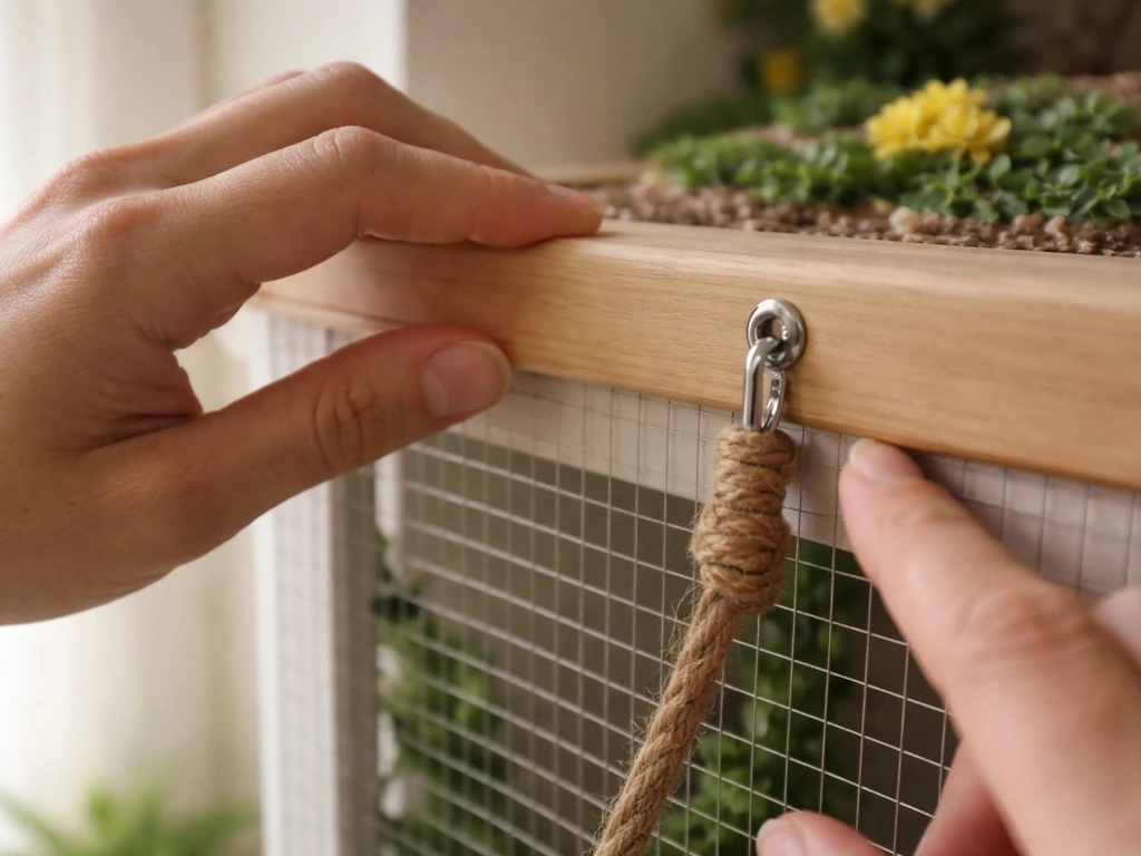 Close-up of hands running fingers along an edge and attachment point to check gaps and secure fit.