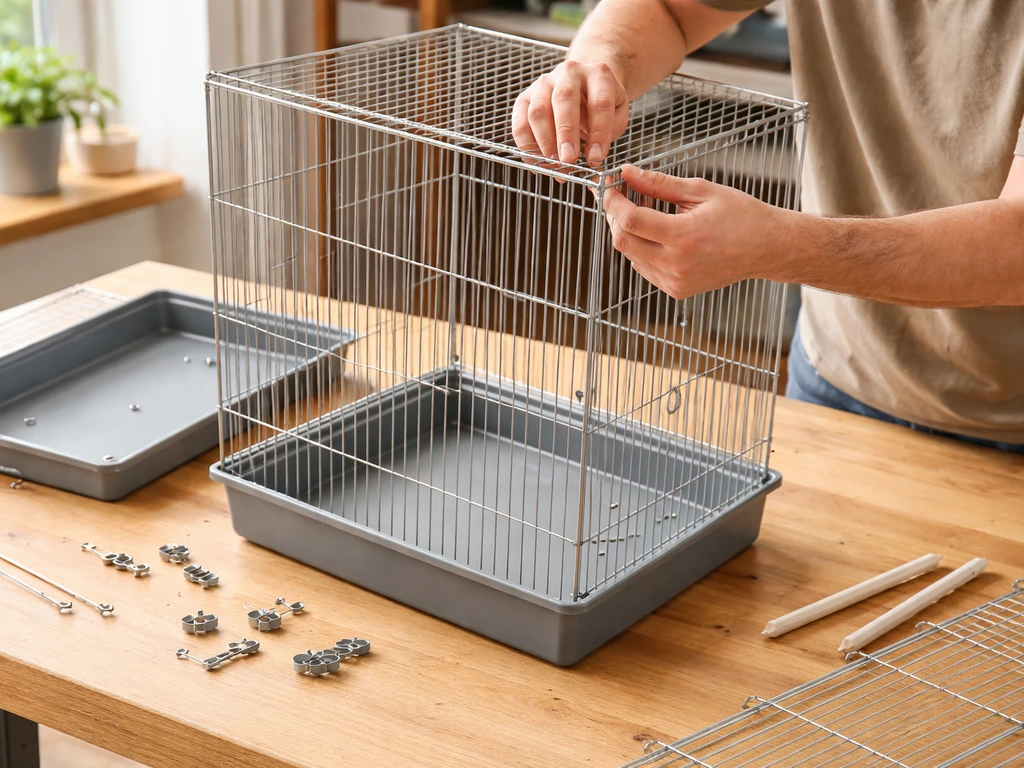 Hands assembling a partially built bird cage on a wooden workbench with base and tray nearby.