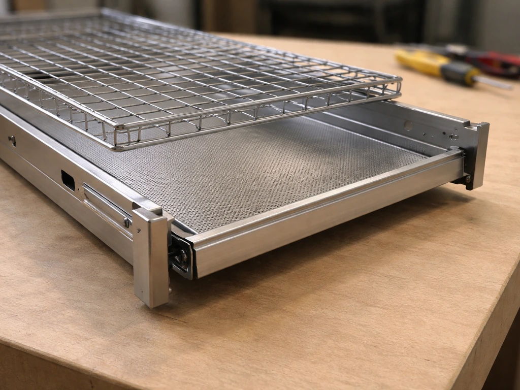 Bottom tray with grate above it, pull-out tray slid into smooth runners during a DIY appliance assembly.