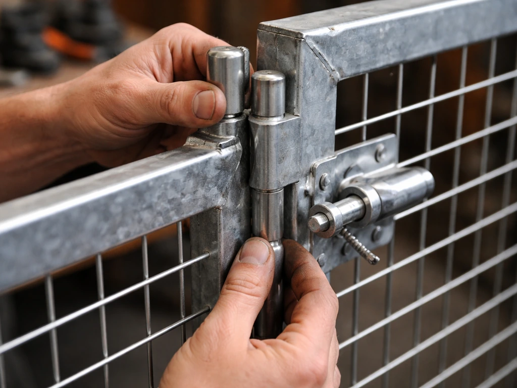 Close-up of cage door being aligned on hinge pins with latch hardware engaged, hands installing