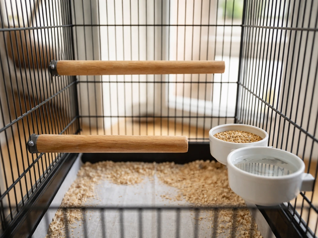 Bird cage interior with two perches at different heights and clean, correctly placed food and water bowls.