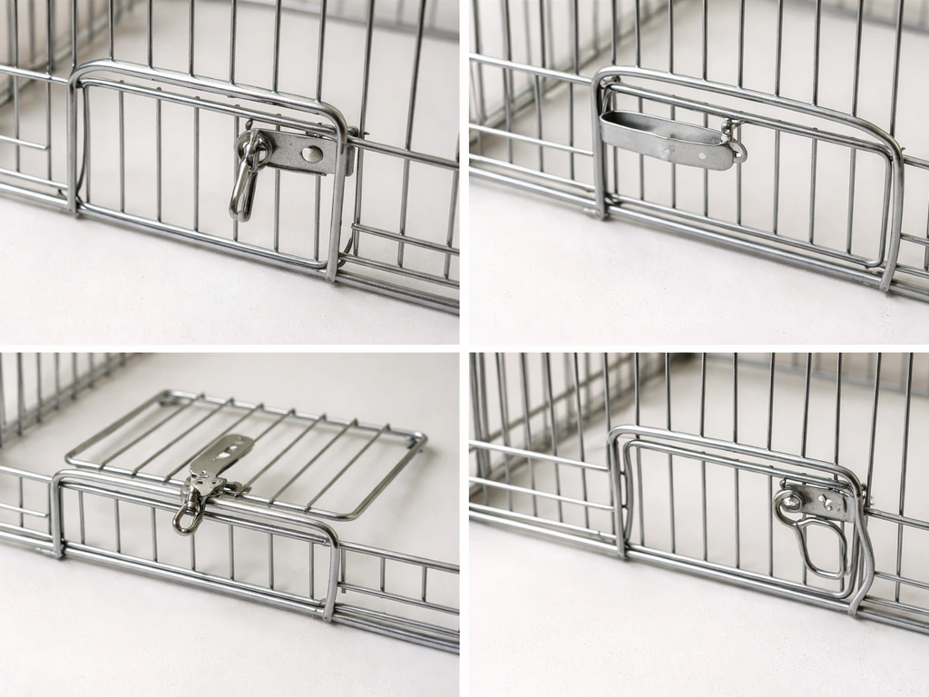 Close-up of four pet bird cage door styles and latch types laid out for comparison on a tabletop.