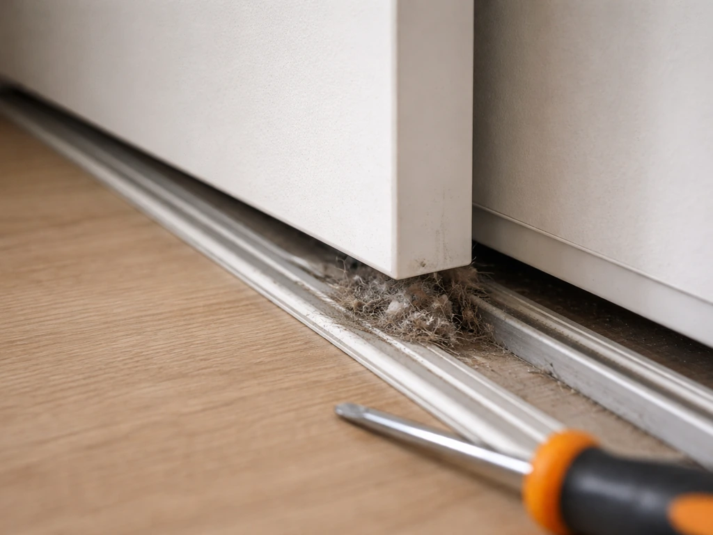 Close-up of a sliding door track with debris and the door slightly misaligned, needing realignment.