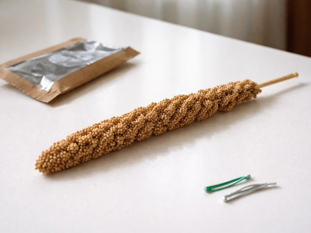 Unpacked millet spray on a kitchen table with the cardboard pouch and twist ties removed nearby