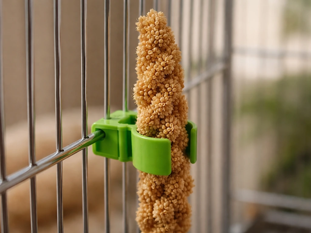 Close-up of a dedicated millet holder gripping a millet stem on a small cage bar