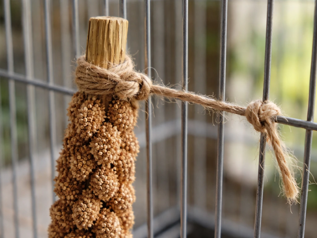 Close-up of natural twine tied around a millet stem and fastened to a cage bar with a short tail