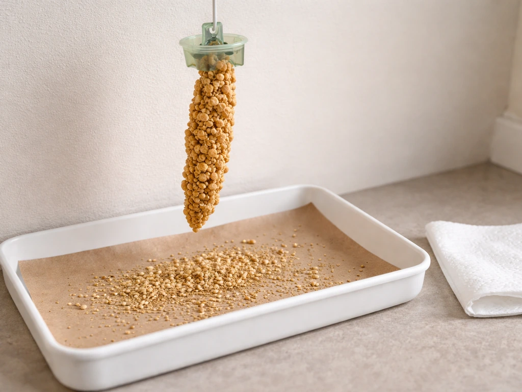 Bird seed hulls contained under a millet holder on a liner tray, showing a clean post-use mess setup.