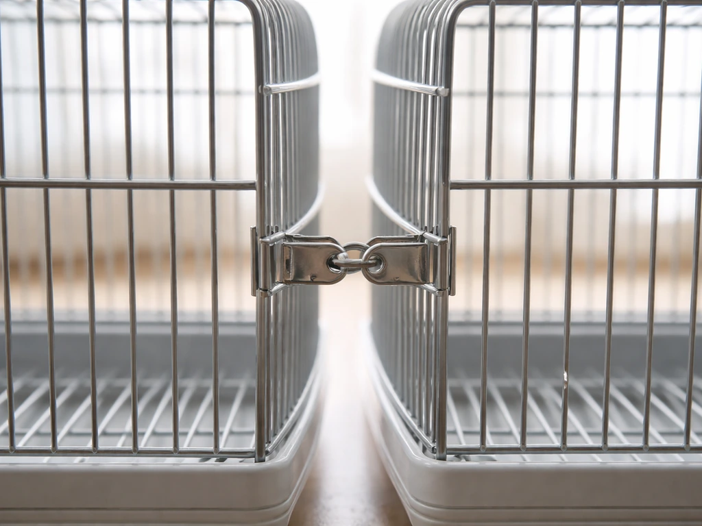 Two bird cages linked side-by-side with a visible secure connector at the join point.