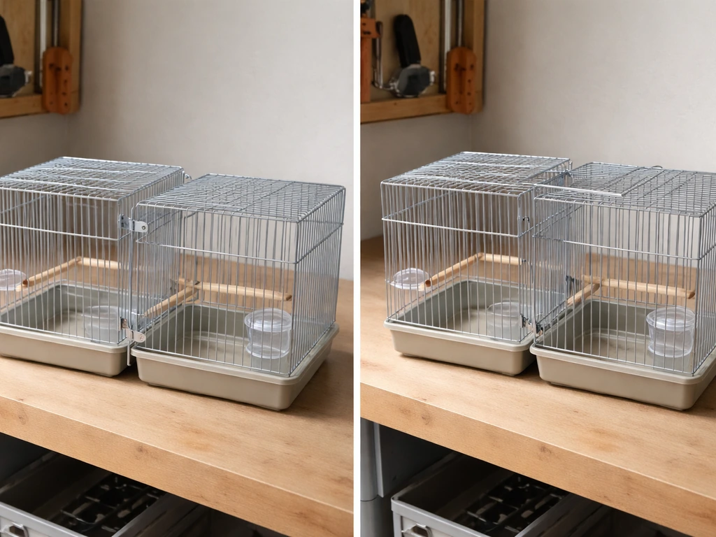 Two small bird cages in a simple workshop scene, showing two different connection styles between them.