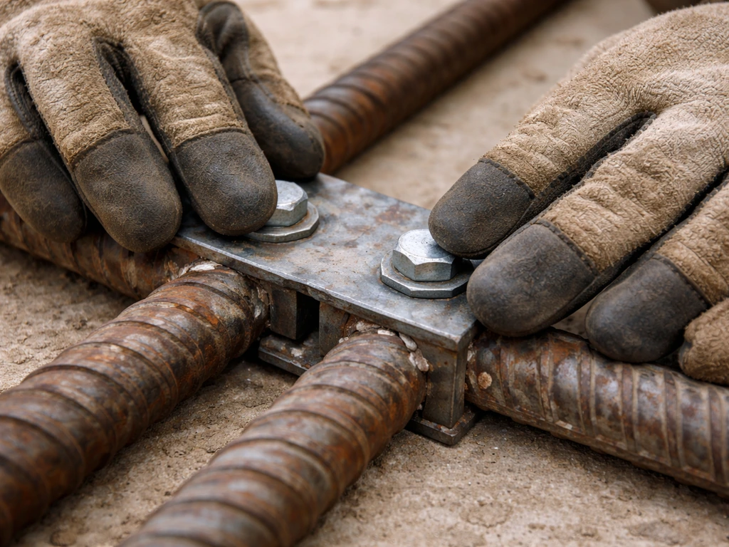 Gloved fingers inspect a metal connector joint for sharp edges, rust, and gaps.