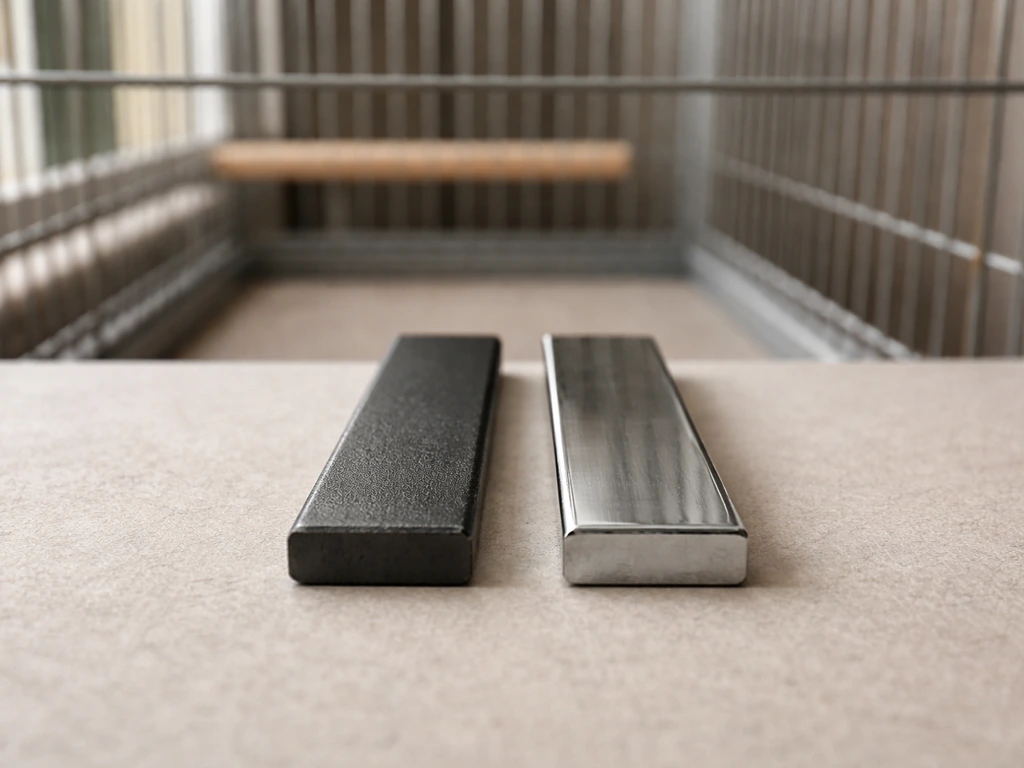 Close-up of bird cage bars with two small metal samples side-by-side, powder-coated and stainless, showing differences.