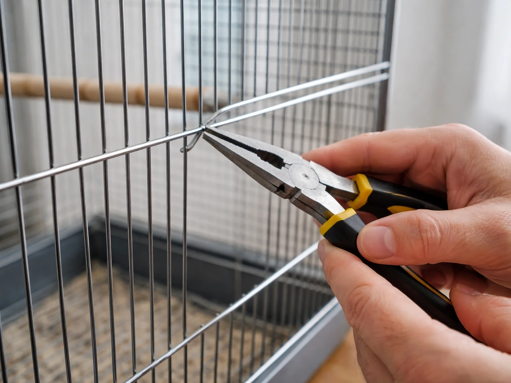 Hands use pliers to straighten a bent metal cage bar and place it back into alignment.