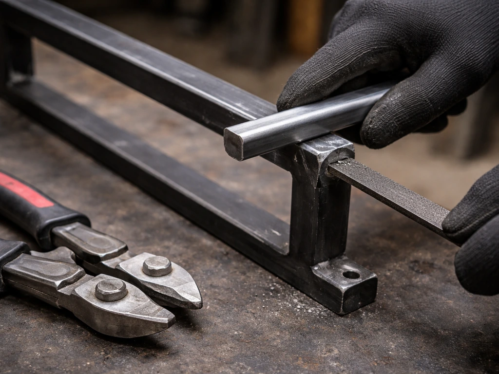 Close-up of gloved hands removing a broken metal bar with cutters and filing the replacement ends smooth.