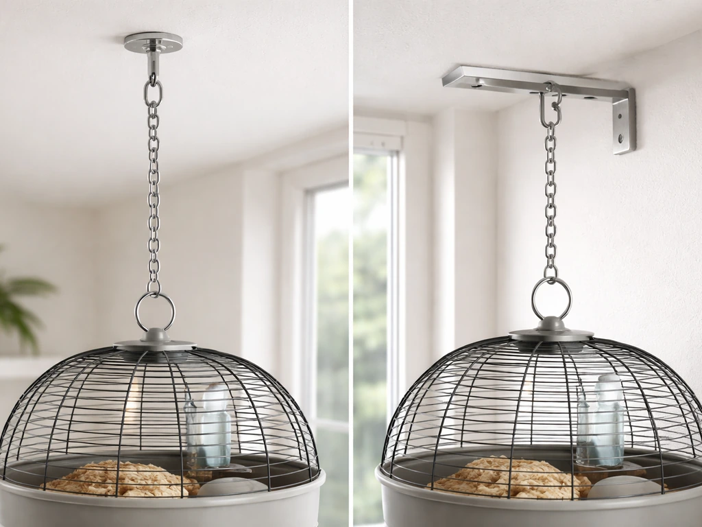 Cage hanging ring aligned above a ceiling hook versus a wall bracket, showing two mounting options