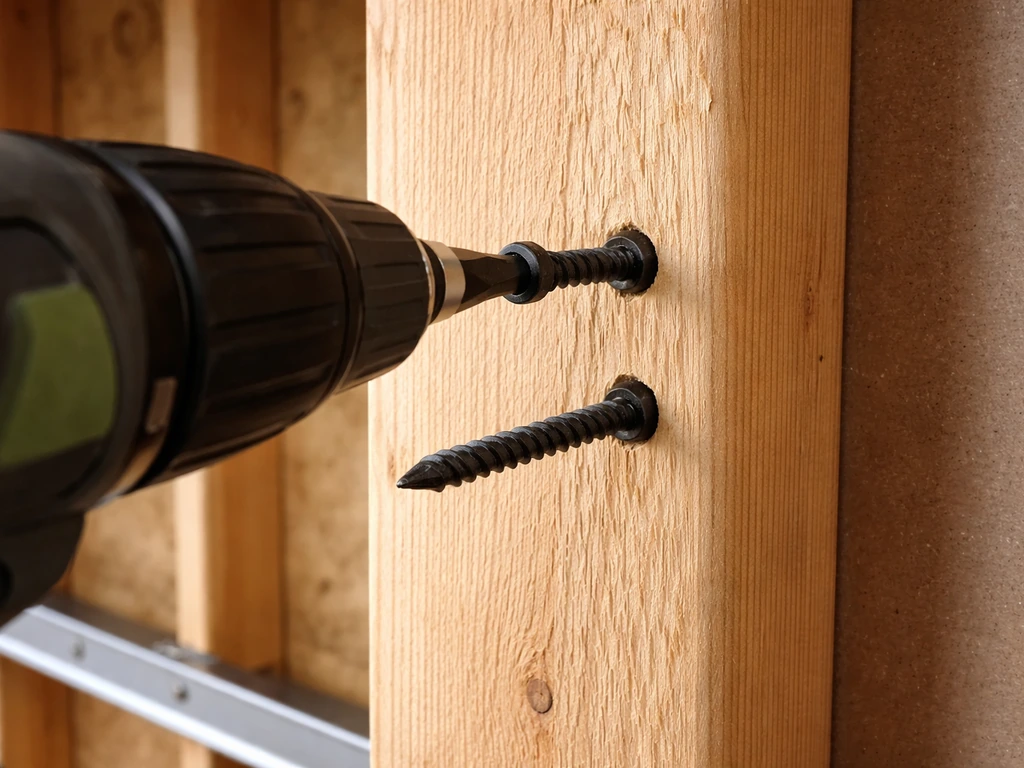 Close-up of lag screws being driven into a wood stud inside an unfinished wall cavity.