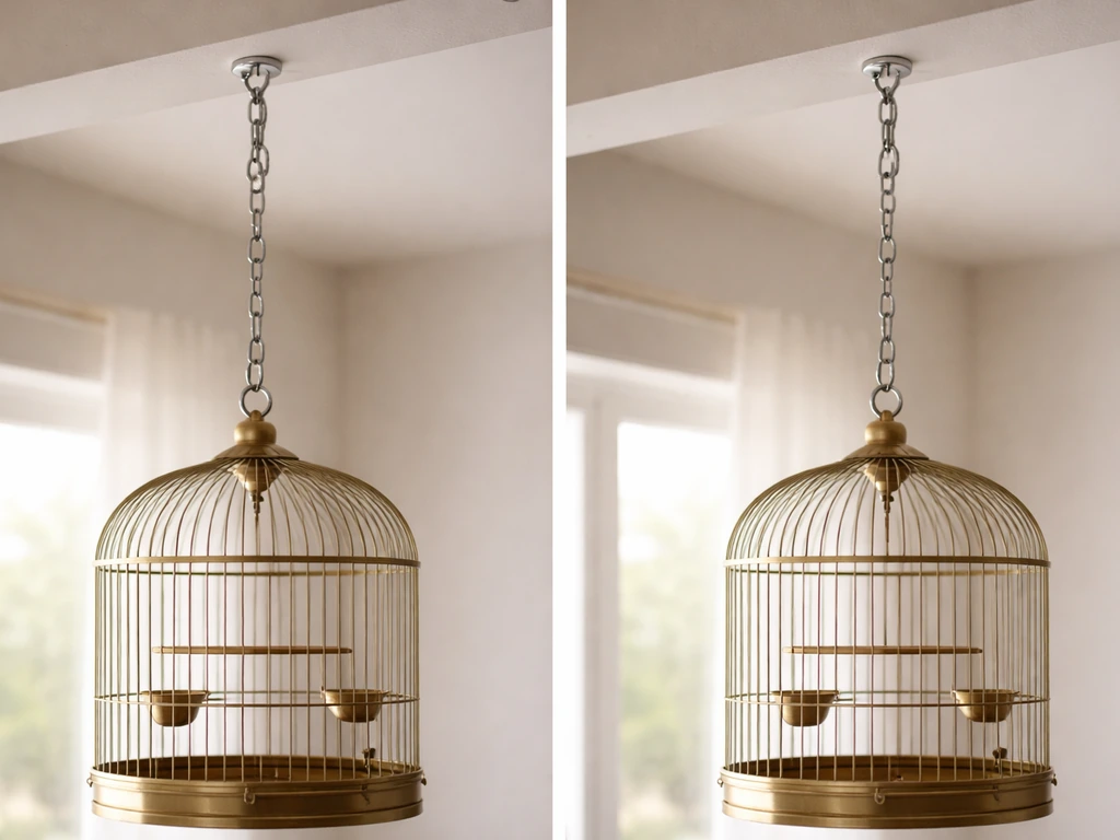 Ceiling-hung bird cage with a visible chain and hardware, slack vs tightened connection causing less sway.