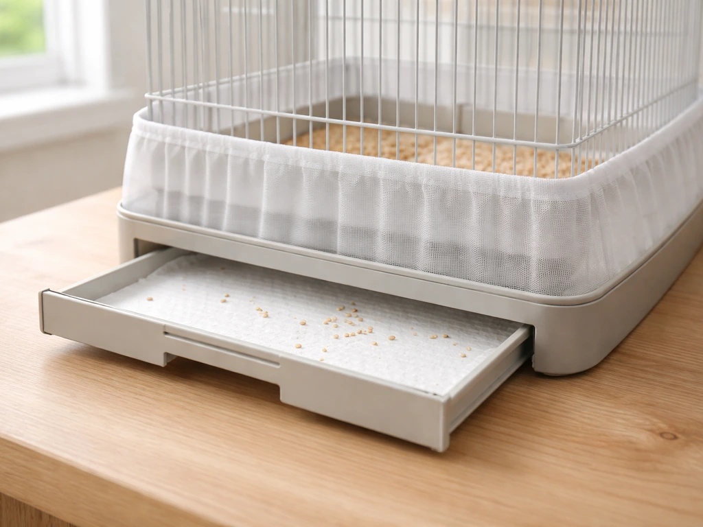 Clean bird cage with a pull-out tray liner and seed guard catching mess, showing easy no-mess setup.