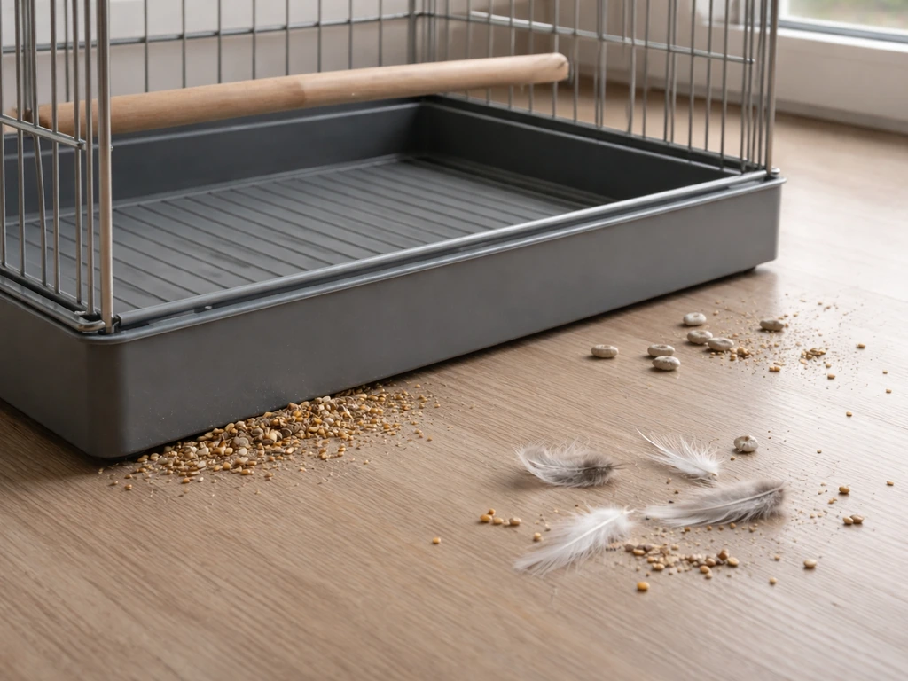 Close-up of a bird cage base with seed hulls, droppings near the perch, and scattered feathers/seed splash.