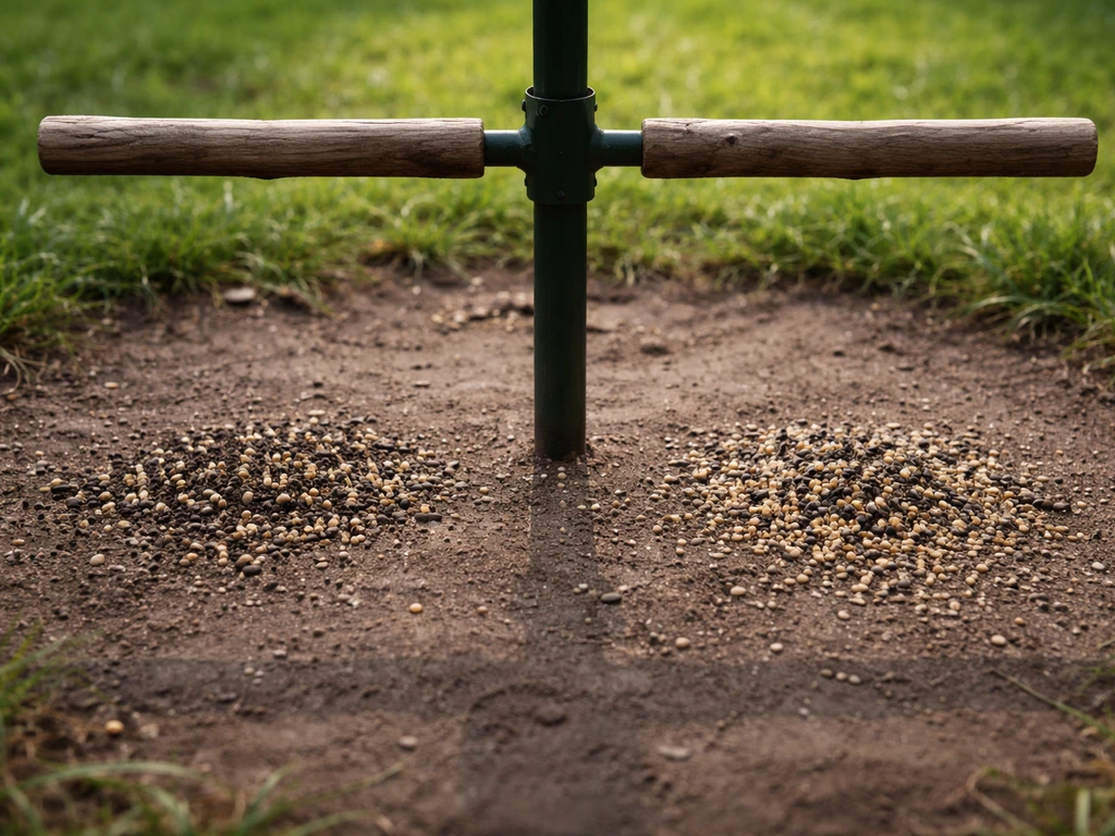 Wooden bird perches above a feeder with droplet and seed-hull debris landing below each perch area.