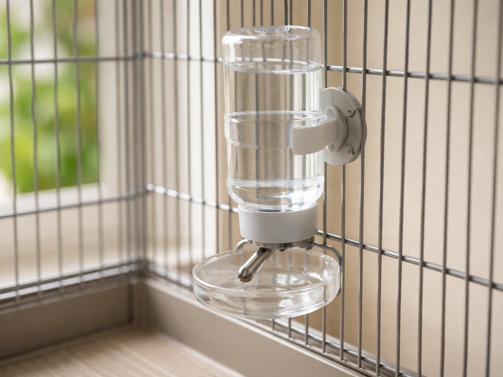Clean bird cage with a secured water bottle and spout preventing stepping in and contamination.