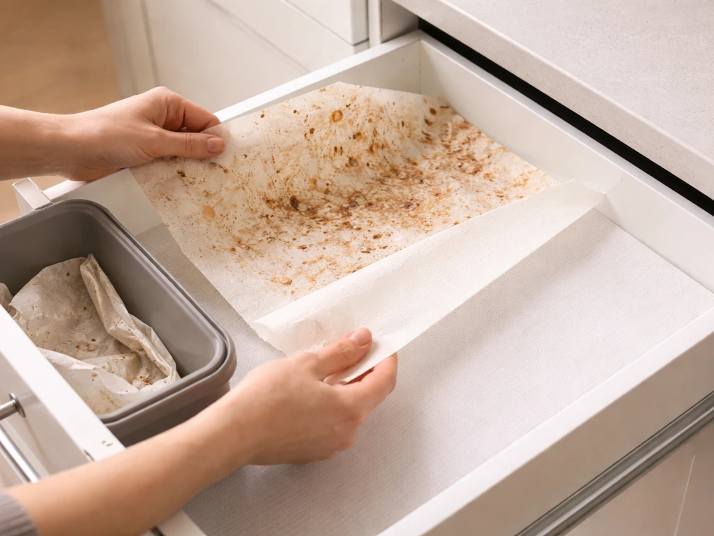 Hands lift a soiled paper tray liner into a bin and lay a fresh liner onto the pull-out tray.