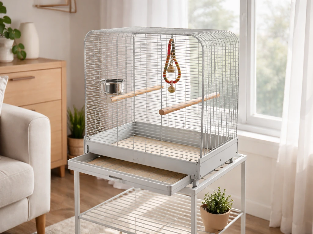 Clean bird cage in a bright home with visible perches and a removable bottom tray.
