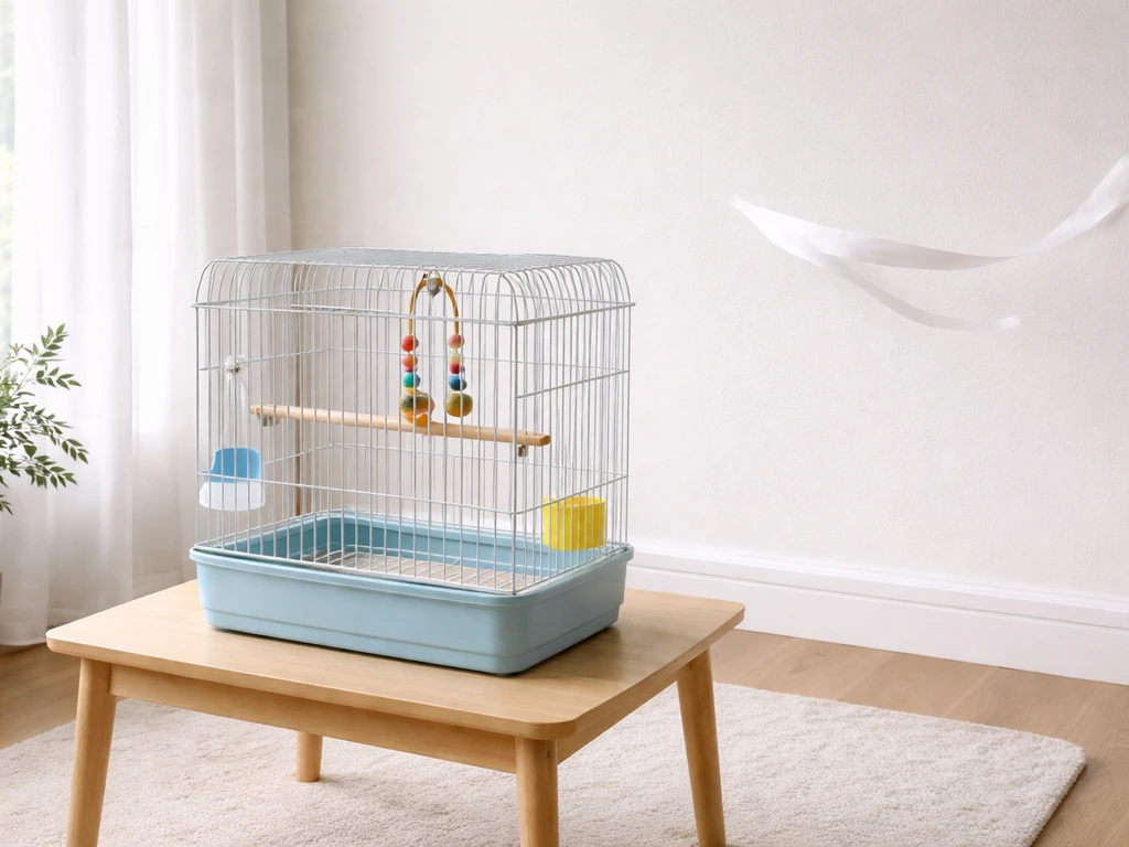 Pet bird cage near a window with an air-flow indicator showing gentle sideways airflow, not a direct draft.