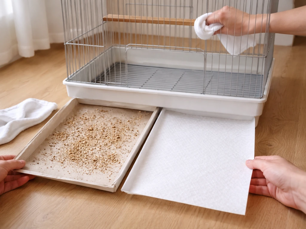 Hands replacing a bird cage tray liner and damp-wiping bars and a perch with a cloth.