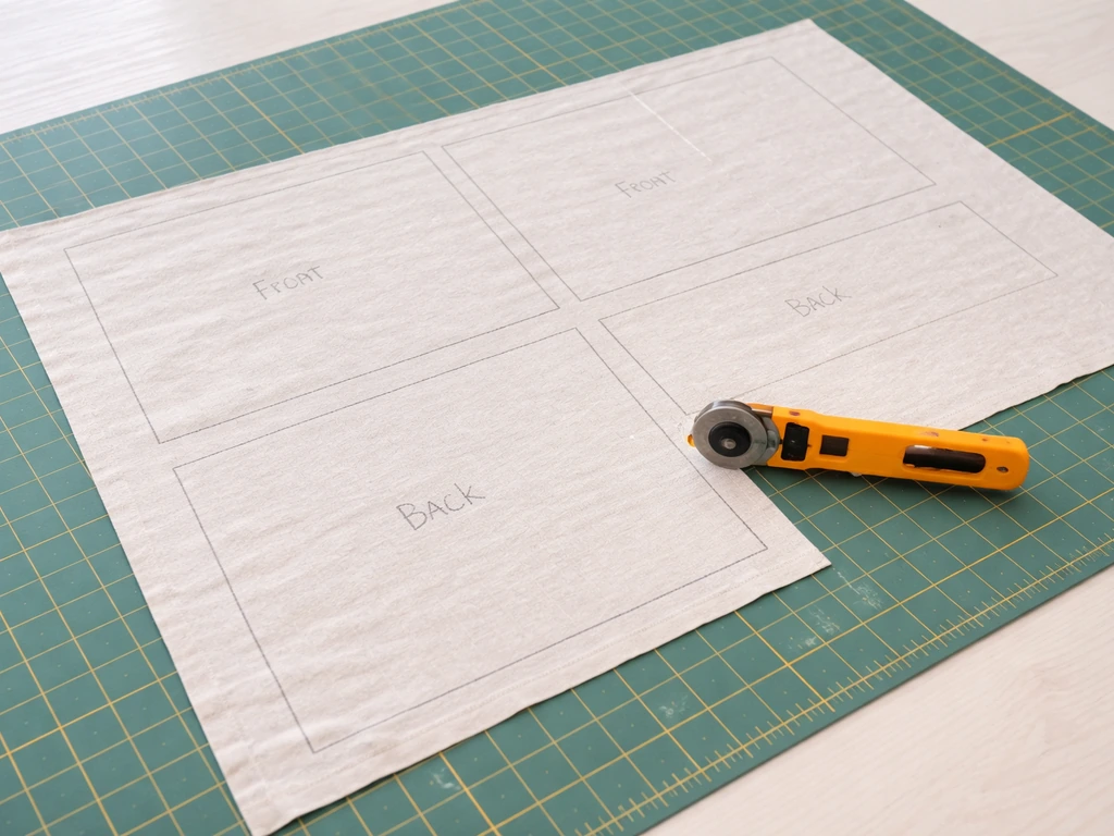 Rotary cutter cutting marked cotton fabric panels on a cutting mat in a simple sewing workspace.