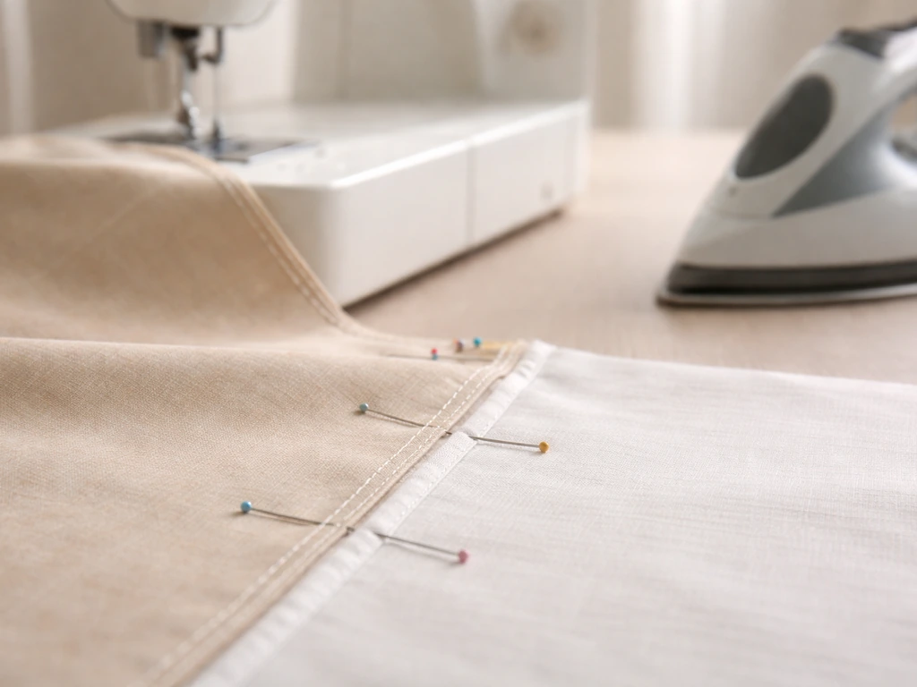 Fabric panels pinned and stitched along a seam on a sewing table, with an iron pressing the open seam.