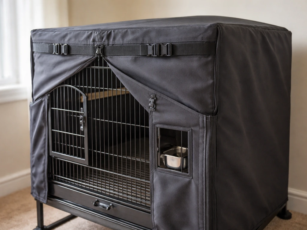 A secure bird cage cover on a cage with doors and feeder hatch clearly accessible in daylight