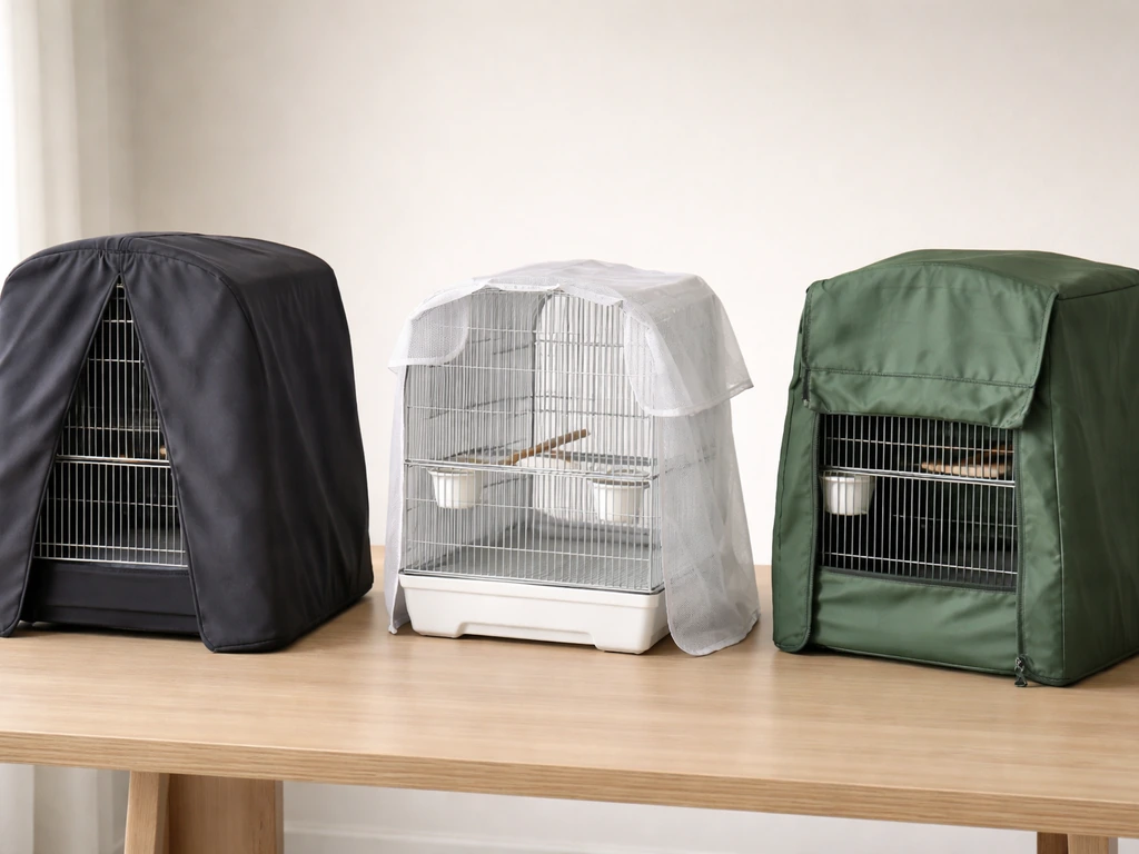 Three different bird-cage covers shown side-by-side: blackout night, breathable day mesh, and weatherproof seasonal drap