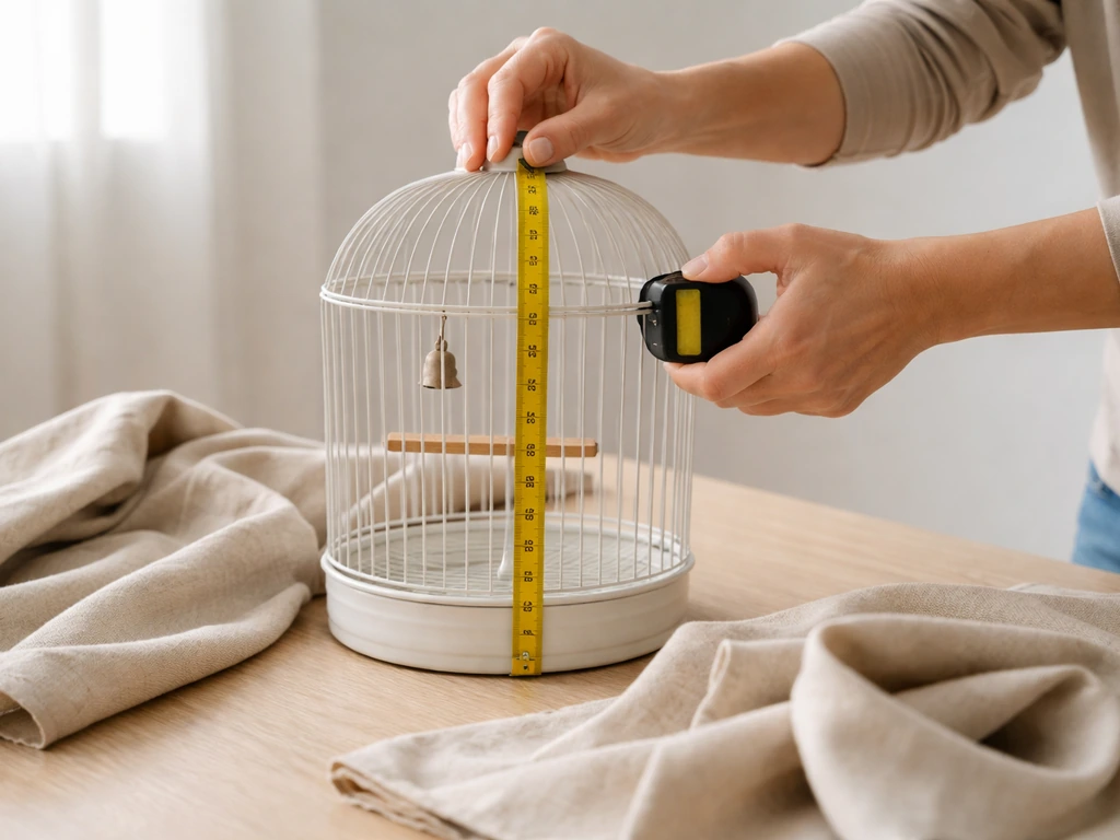 Person measuring a bird cage with a tape measure next to cut fabric to drape safely